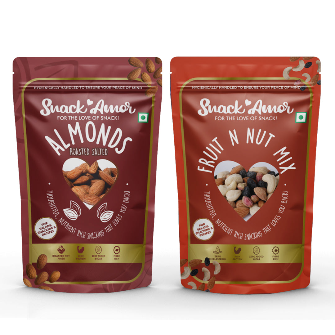 SnackAmor Combo Pack of Premium Roasted Salted Almond (170g) & Fruit N Nut Mix (200g) - Snack Amor