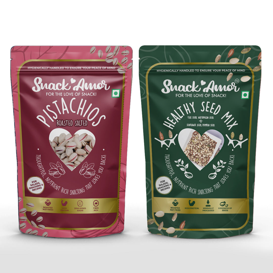SnackAmor Combo Pack of Premium Roasted Salted Pistachios (170g) & Healthy Seed Mix (175g) - Snack Amor